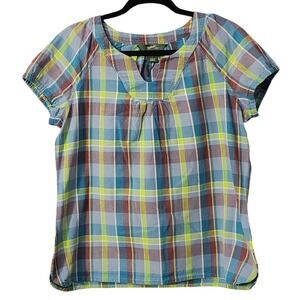 Woolrich Women's Blue Plaid 100% Organic Cotton Split Neck Top, Large